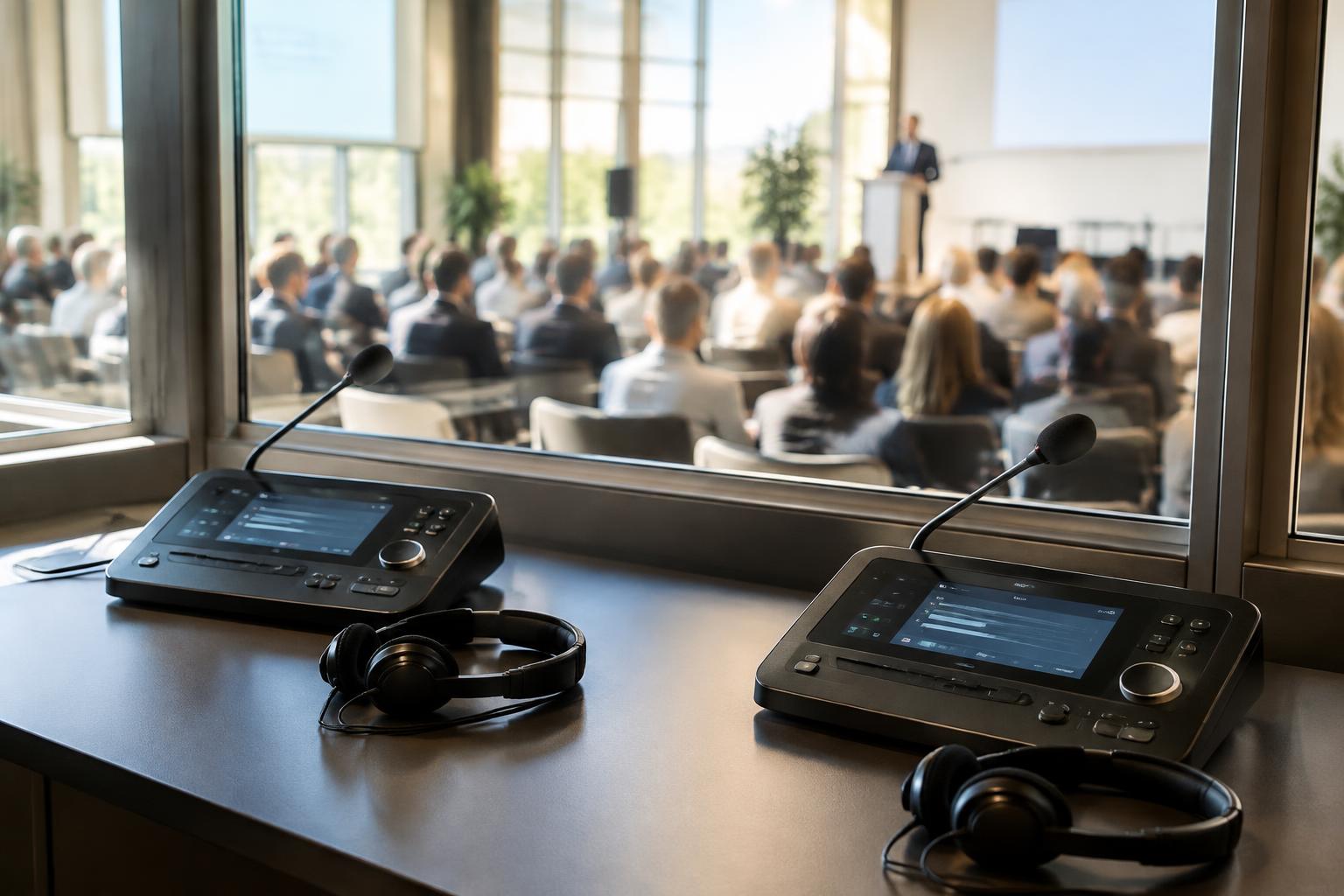 Interpreter consoles and headsets in a booth overlooking a conference hall
